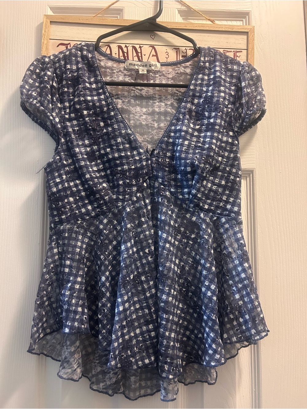 Madden Girl Blue and White Checked V-Neck Peplum Top